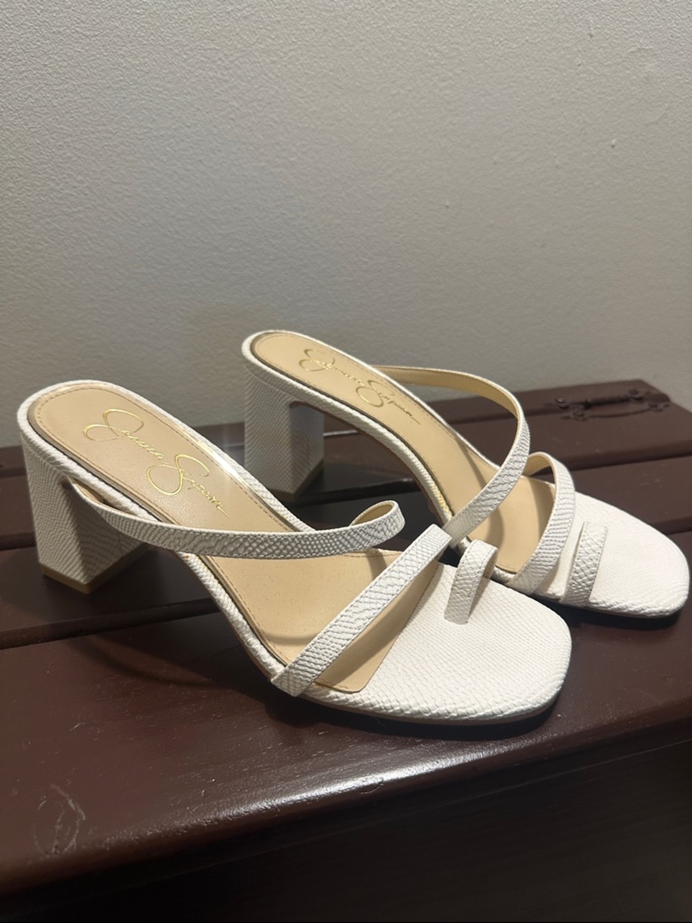 Jessica Simpson Cream Textured Strappy Block Heel